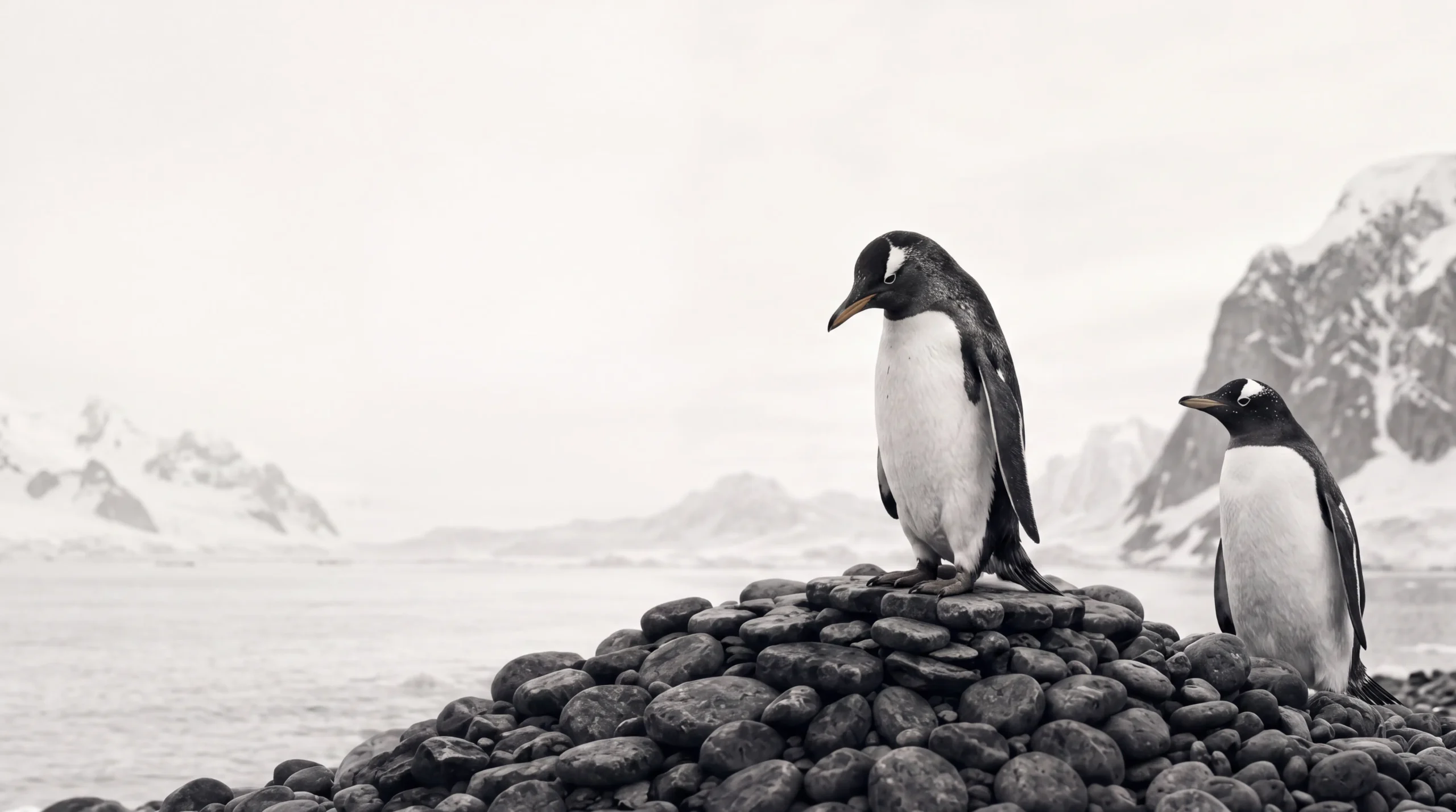Two penguins standing on a pile of stones in a snowy landscape